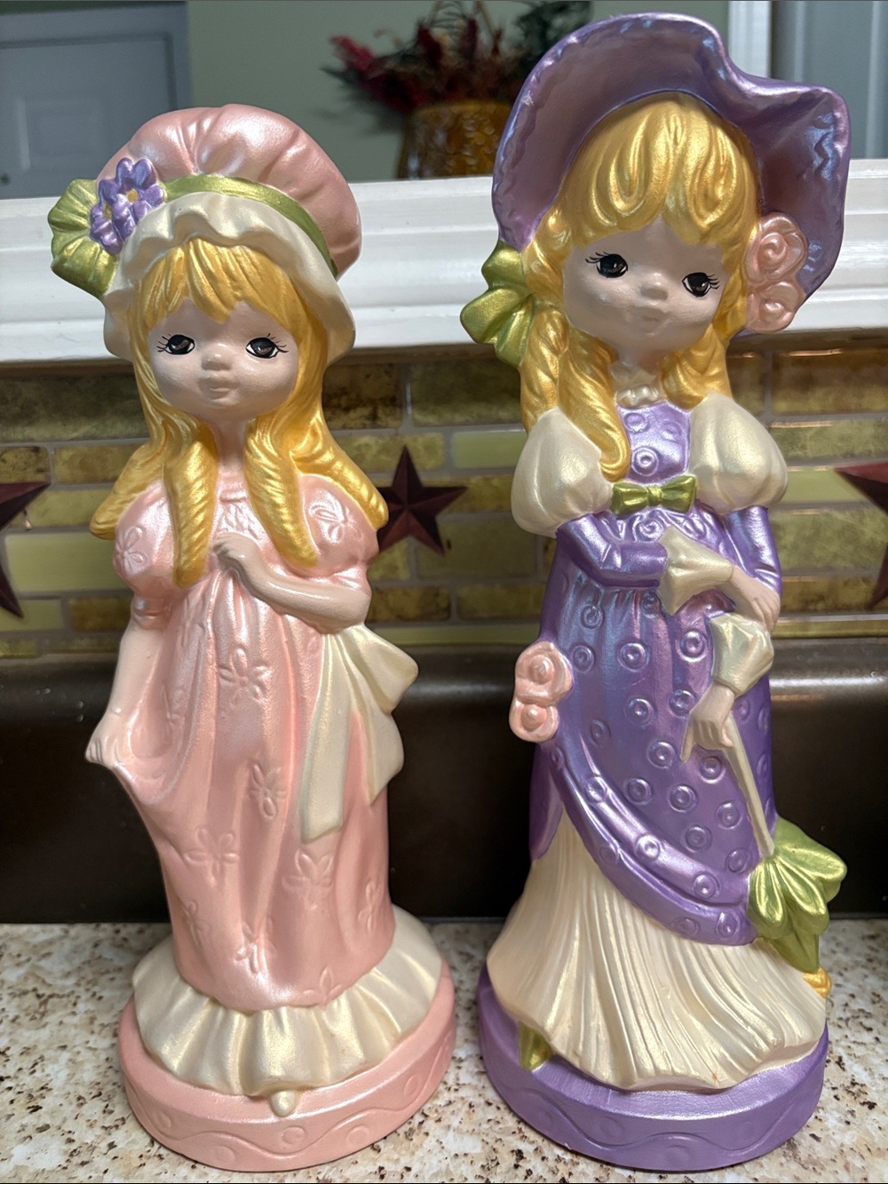 Pair of Vintage-Style Ceramic Girl Figurines in Pink & Lavender